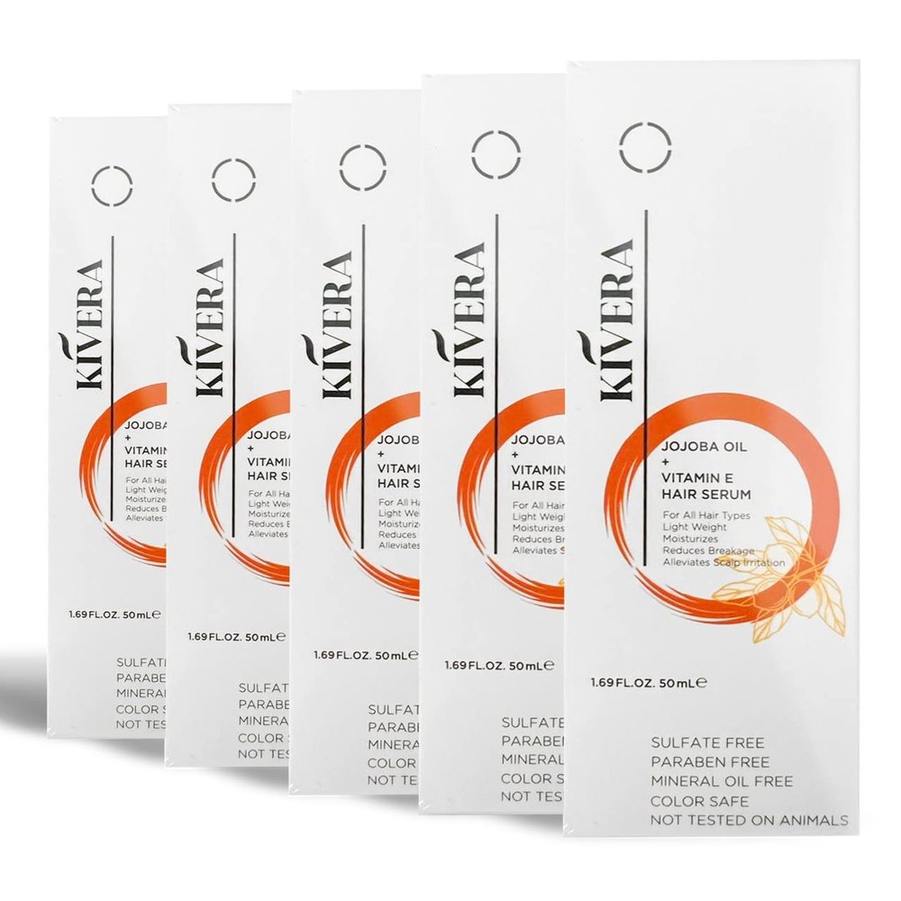 Jojoba Oil + Vitamin E Hair Serum - Hair Growth Serum for Thicker Hair - Hair Serum for Frizzy and Damaged Hair - Hair Smoothing Serum for Men & Women, 5 Pack