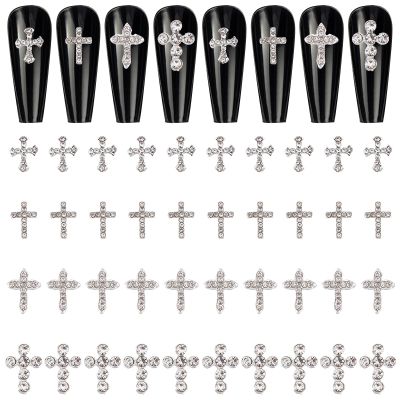 CRASPIRE 40pcs Cross Nail Charms 4 Style Silver Rhinestone Cross Nail Studs Charms 3D Luxury Flat-Back Diamond Crystal Rhinestones Gems Metal Alloy for DIY Nail Art Jewelry Decoration