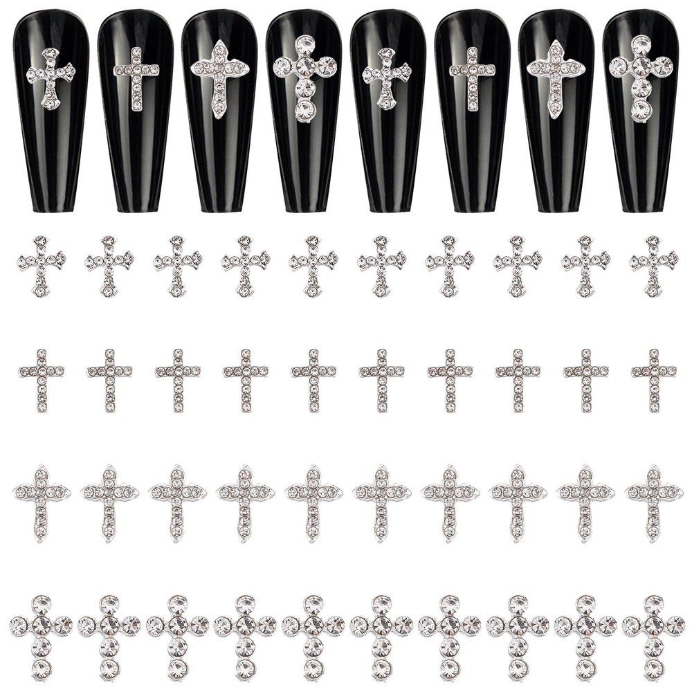CRASPIRE 40pcs Cross Nail Charms 4 Style Silver Rhinestone Cross Nail Studs Charms 3D Luxury Flat-Back Diamond Crystal Rhinestones Gems Metal Alloy for DIY Nail Art Jewelry Decoration