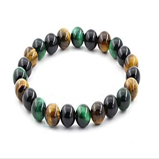 ASTROGHAR Natural Black Obsidian Hematite Green Tiger's Eye Crystals Triple Protection With Evil Eye Crystals Bracelet For Men And Women, Standard, Crystal, Tiger's Eye