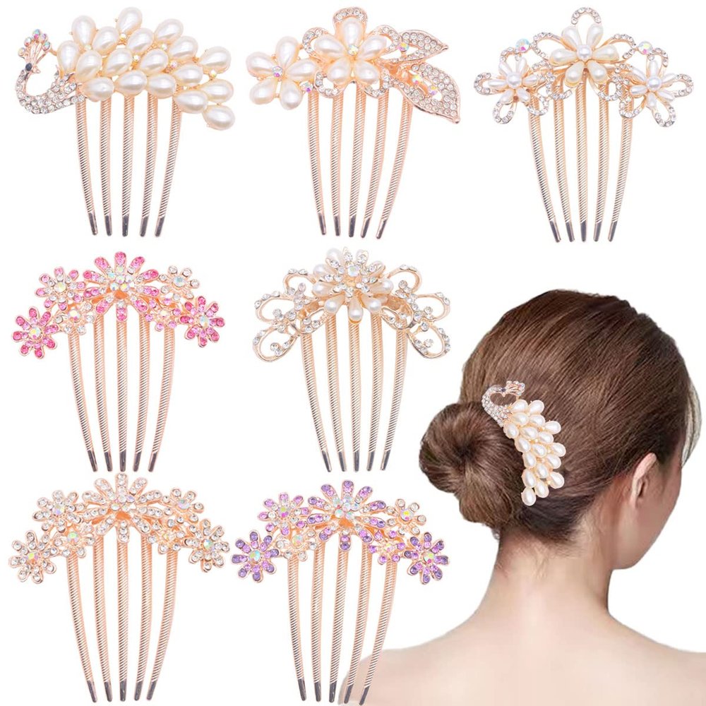 FZBNSRKO Flower Bride Wedding Hair Comb,4 Pack Rhinestone Hair Comb Bridal Flowers/Bows/Butterfly/Crowns/Leaves Hair Clips Accessories for Women and Girls(Random Color)