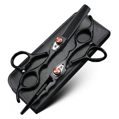 XUANFENG Black Elastic Screw Hair Scissors, Suitable for Family or Barber Shop, 6 inch 9cr18 Steel Professional Hair Cutting Scissors and thinning Scissors (2 pcs)