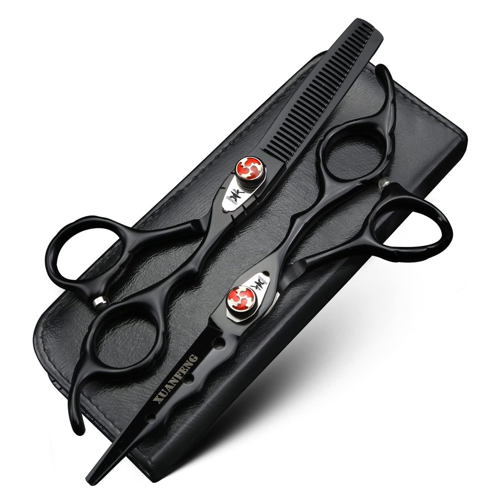 XUANFENG Black Elastic Screw Hair Scissors, Suitable for Family or Barber Shop, 6 inch 9cr18 Steel Professional Hair Cutting Scissors and thinning Scissors (2 pcs)