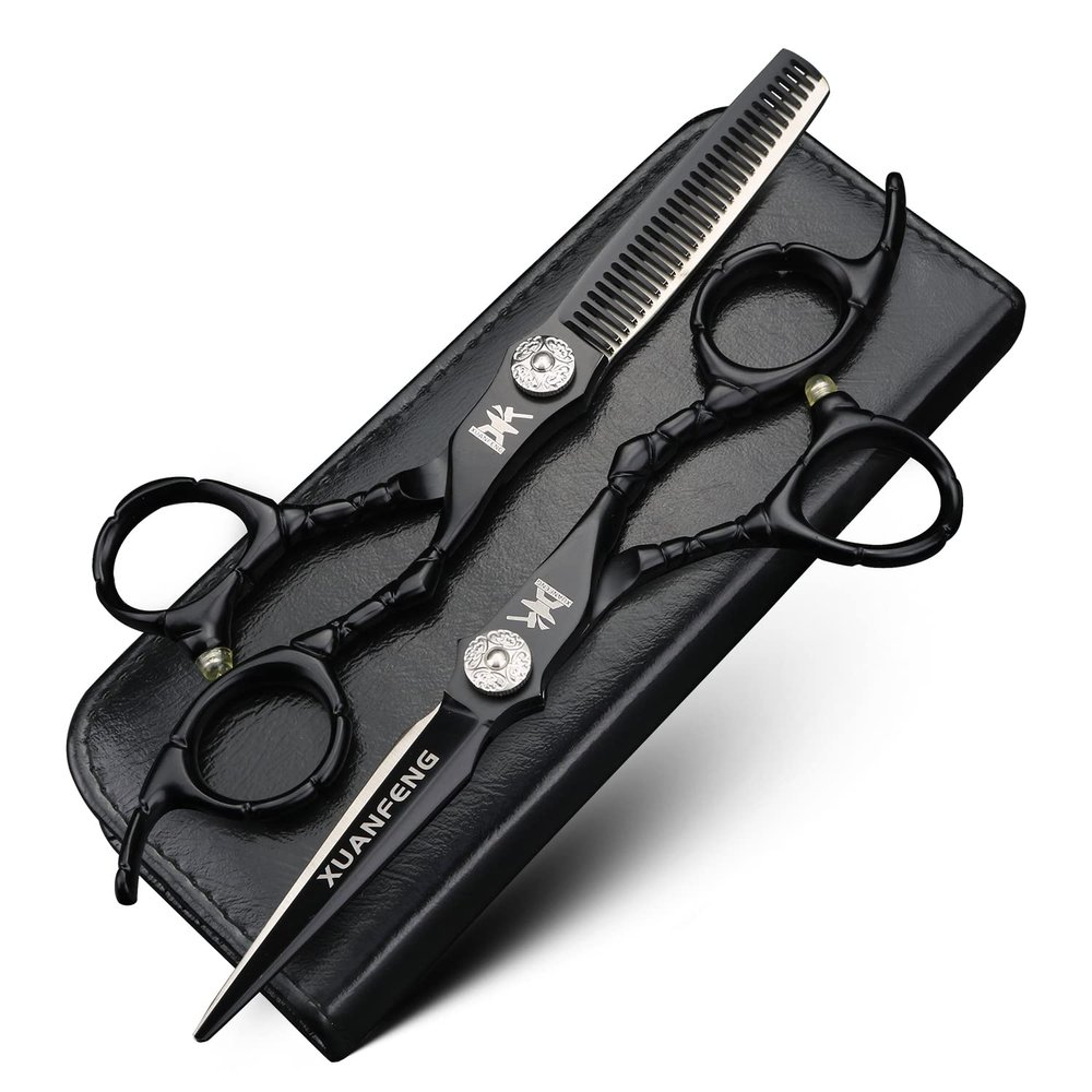 XUANFENG Black Handle 6" 440C Steel Hair Scissors haircutting Scissors for Home or Barber Store Cutting Scissors and thinning Scissors (2 pcs)
