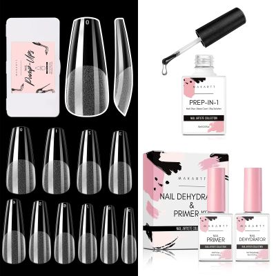 Makartt 500Pcs Soft Gel Full Cover Nail Tips, Medium Coffin Clear Fake Nail Tips Bundle with Makartt Nail Glue for Acrylic Nails UV Gel Curing Needed 3 in 1 Super Strong Brush on Nail Glue