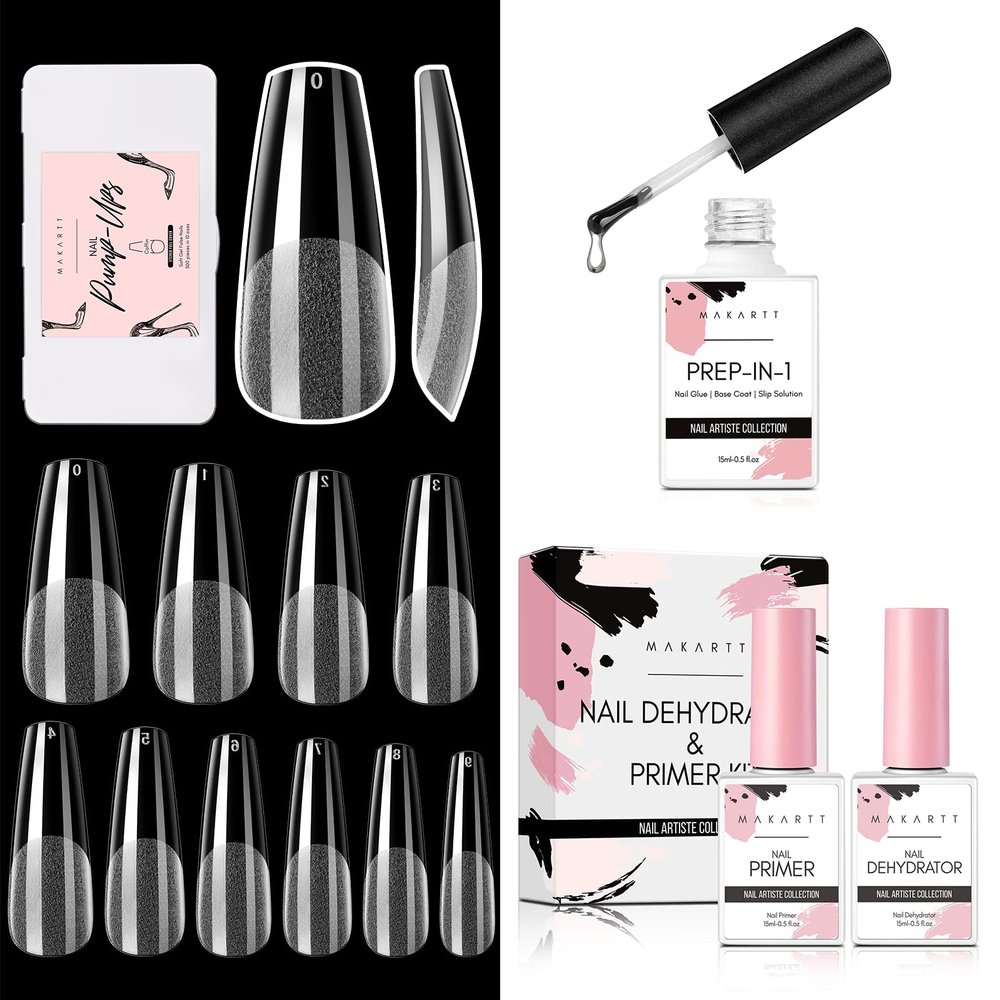 Makartt 500Pcs Soft Gel Full Cover Nail Tips, Medium Coffin Clear Fake Nail Tips Bundle with Makartt Nail Glue for Acrylic Nails UV Gel Curing Needed 3 in 1 Super Strong Brush on Nail Glue