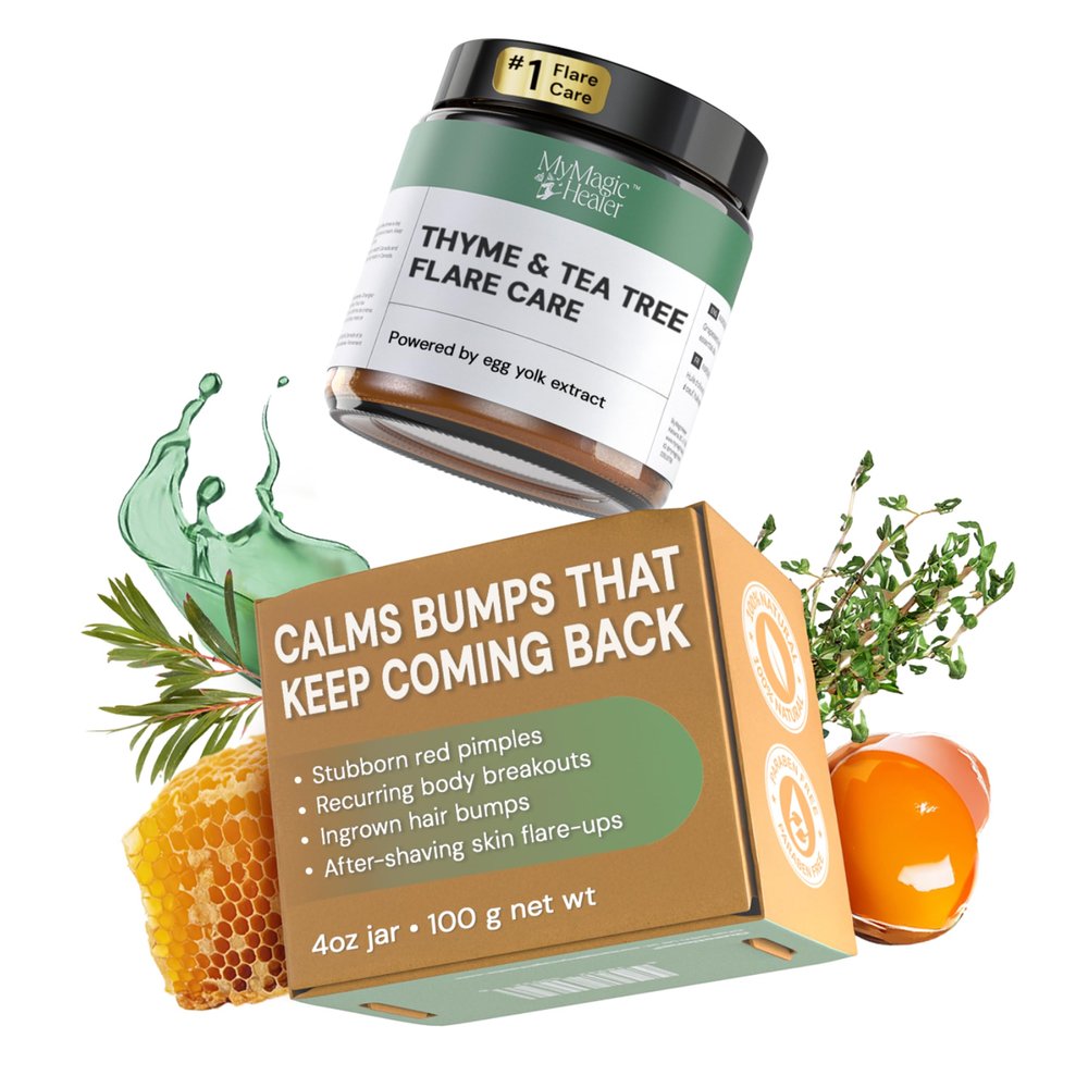 MyMagicHealer Thyme & Tea Tree Flare Care | Multipurpose Solution for Breakout-Prone Skin, Ingrown Hair, Razor & Body Bumps | Tea Tree Oil Salve for Bumpy & Textured Skin 4 oz