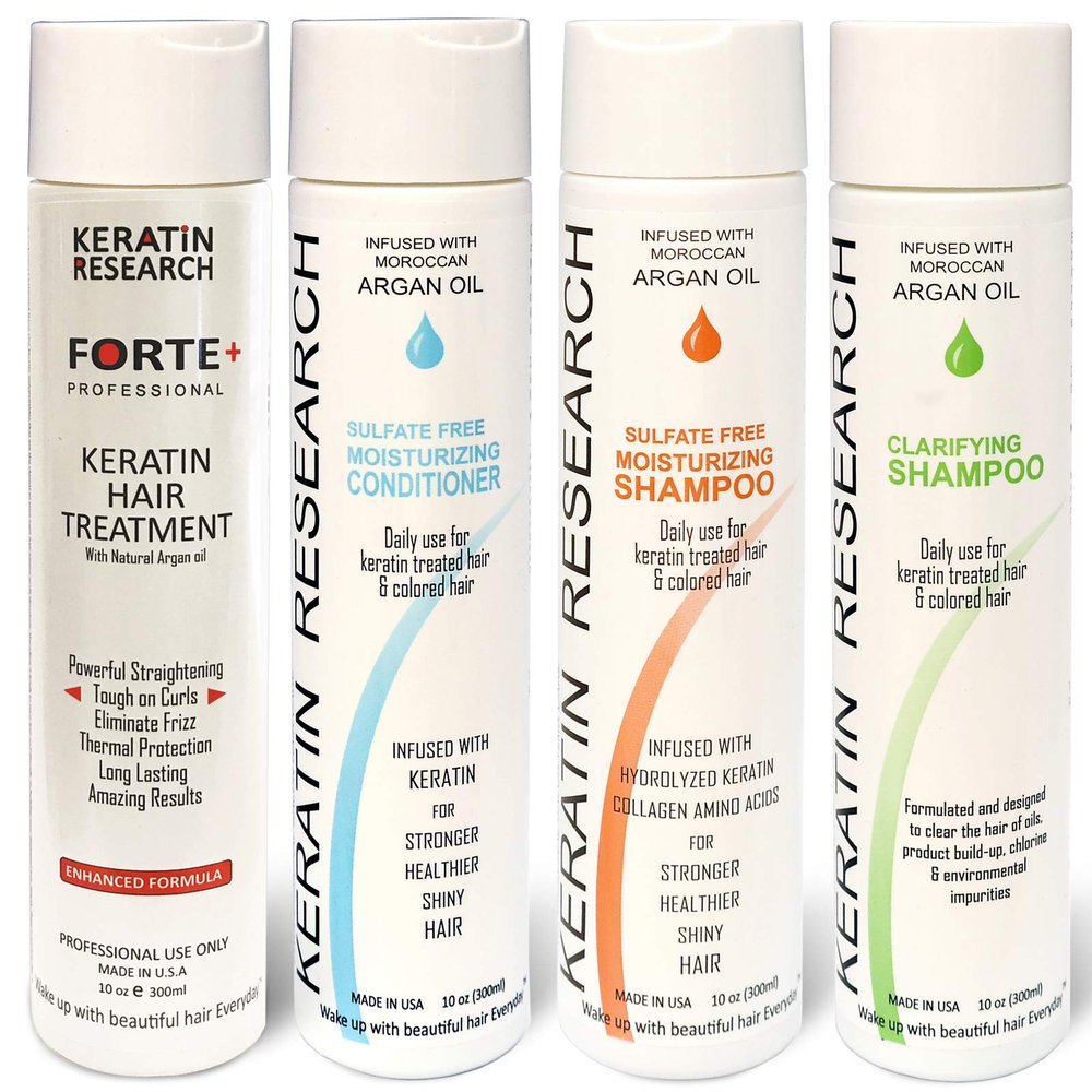 KERATIN RESEARCH Brazilian Keratin Forte Blowout Hair Treatment Straightening Long Lasting Organic Natural Results with Argan Oil Keratina Brasilera (Forte Formula LG-SET)