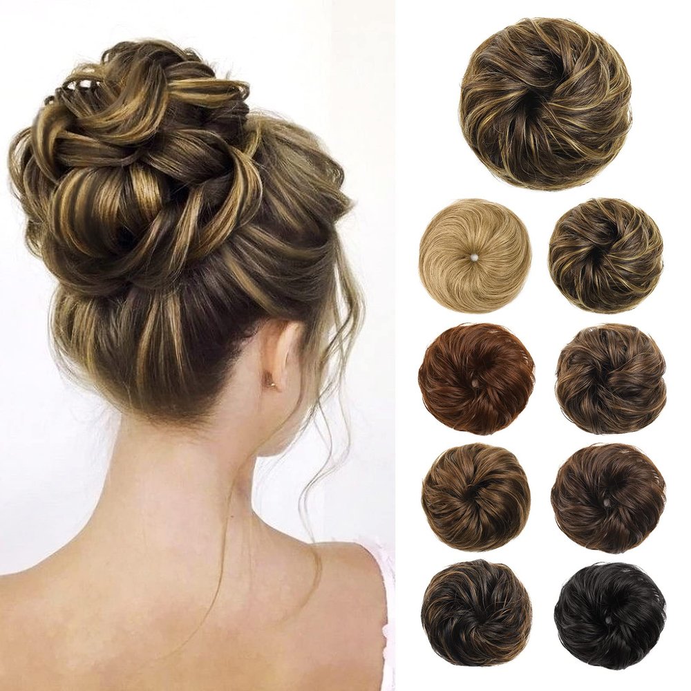 Flufymooz Messy Bun Hair Piece, 100% Real Human Hair Tousled Updo Extension Natural Curly Messy Bun with Elastic Band Hair Bun Hair Piece Ponytail Extensions for WomenMedium Brown with Highlights