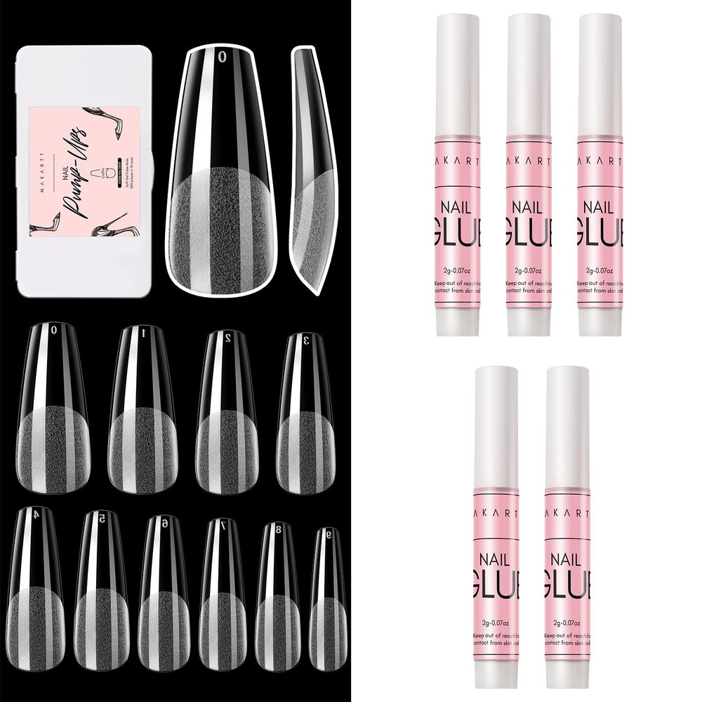 Makartt 500Pcs Soft Gel Full Cover Nail Tips, Medium Coffin Clear Fake Nail Tips Bundle with Makartt Super Strong Nail Glue for Acrylic Nails Press On Nails Nail Tips Glue