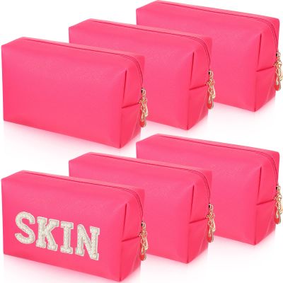 6 Pcs Preppy Patch Makeup Bag PU Leather Cosmetic Bag Waterproof Neat Travel Toiletry Pouch Portable Makeup Bag for Women Friends Cosmetic Organizer Travel Toiletry Pencil Case (Rose Red)