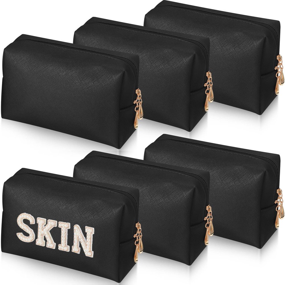Gerrii 6 Pcs Preppy Patch Makeup Bag PU Leather Cosmetic Bag Waterproof Neat Travel Toiletry Pouch Portable Makeup Bag for Women Friends Cosmetic Organizer Travel Toiletry Pencil Case (Black)