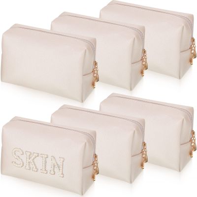 6 Pcs Preppy Patch Makeup Bag PU Leather Cosmetic Bag Waterproof Neat Travel Toiletry Pouch Portable Makeup Bag for Women Friends Cosmetic Organizer Travel Toiletry Pencil Case (White and Gold)
