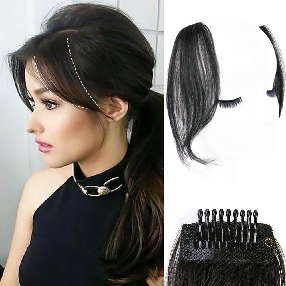 AiUree 10Inch 2pcs Layeder Remy Hair Long Bangs Side Bangs False Bangs Clip-In Bangs Human Hair Extension Middle Part Fringe Hair Pieces Fake Fringe Invisible Bangs for Women Black Color