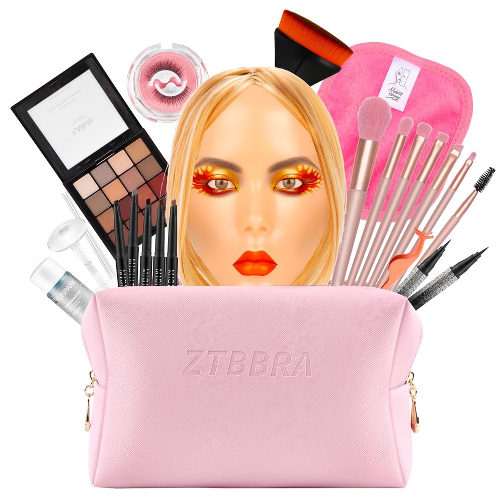ZTBBRA Kids Makeup Practice Face 5D Silicone Training Head with Full Kit, Reusable Makeup Practice Kit for Beginners, Children & Enthusiasts, Supports False Lashes & Wigs