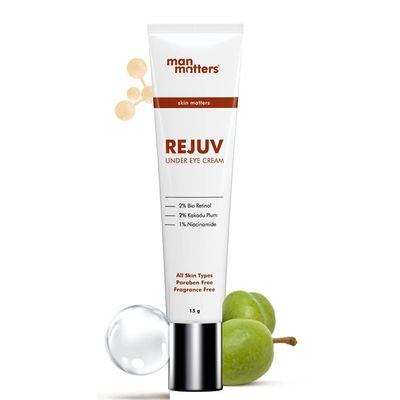 Metrol Man Matters Under Eye Cream for Men - 15 grams | Reduces Dark Circles, Hydrates Skin | With Of 1% Niacinamide, 2% Bio Retinol & 2% Kakadu Plum | 3 Metal Roller Applicator
