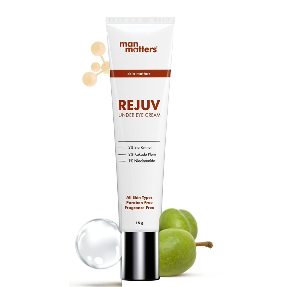 Metrol Man Matters Under Eye Cream for Men - 15 grams | Reduces Dark Circles, Hydrates Skin | With Of 1% Niacinamide, 2% Bio Retinol & 2% Kakadu Plum | 3 Metal Roller Applicator