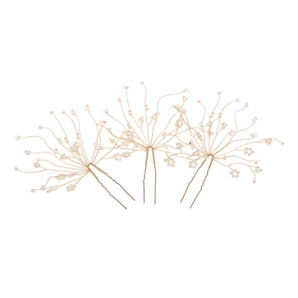 KALLORY 3pcs Head Stick Accessories Hair U Pink Brides Shaped Fork Ornament Crystal Shape Bridesmaids Forks U- Flower Grils Bridesmaid Elegant Wedding Clip Women Leaf Hairpin Pearl Pearls