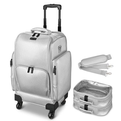 BYOOTIQUE Soft Sided Rolling Makeup Train Case Cosmetic Storage Organizer Pro Adjustable 8 Sliding Trays Travel Trolley for Makeup Artist Nail Technician Hairstylist with Compartments, Shiny Silver