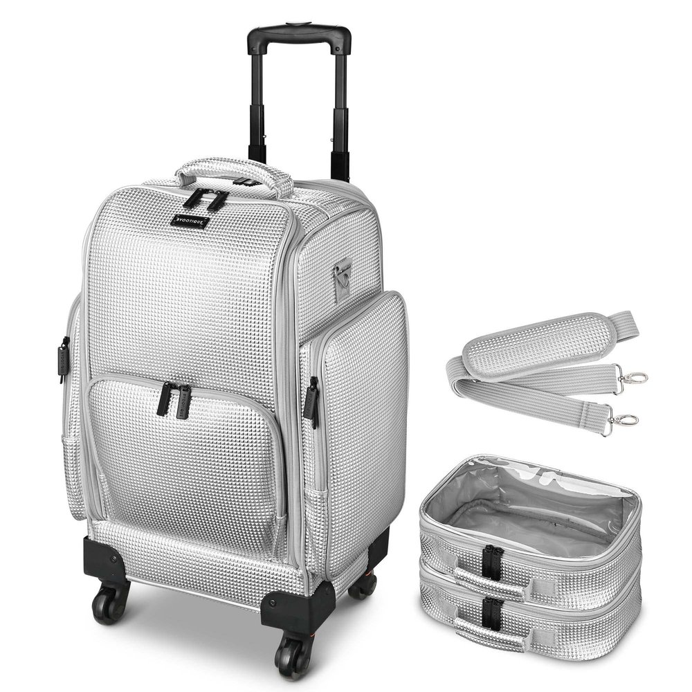 BYOOTIQUE Soft Sided Rolling Makeup Train Case Cosmetic Storage Organizer Pro Adjustable 8 Sliding Trays Travel Trolley for Makeup Artist Nail Technician Hairstylist with Compartments, Shiny Silver