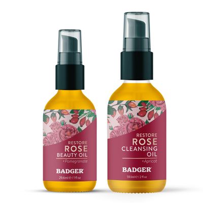 Badger Rose Cleansing Oil & Rose Face Oil - USDA Organic Cleansing & Moisturizing in Glass Bottles