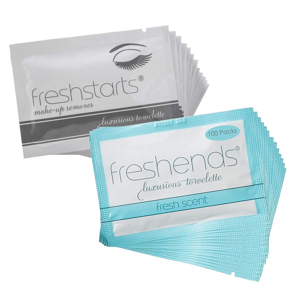 Freshends Luxurious Towelette & Makeup Remover Bundle  Includes (100) Flushable Wipes (Blue) & (100) Facial Cleansing Wipes, Individually Wrapped Wet Tissues, Travel Toiletries - 100 Bulk Pack