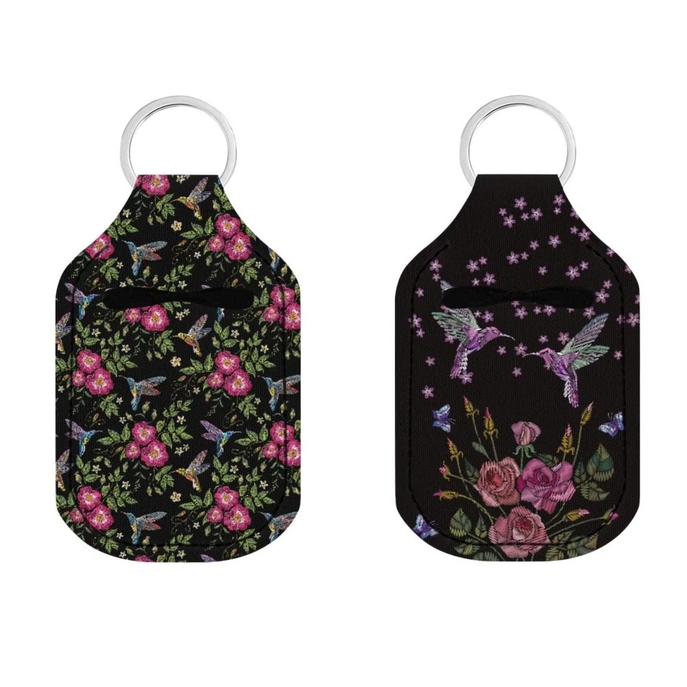 Veniyate Women Girls Travel Cosmetic Makeup Bottle Holder Sleeve 2 Packs with Hummingbird Flower Pattern Lightweight Keychain Holder Organizer Neoprene Container Keyrings