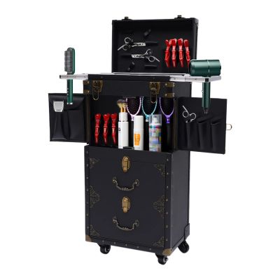 Rolling Lockable Makeup Train Case24 inch Hairdressing Trolley Stylist Beauty Salon Cosmetic Luggage Travel Organizer Tool Box, Aluminum Trolley Salon Staion