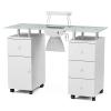 Paddie Manicure Table with Glass Top, Foldable Arm Rest, Lockable Wheels, Storage Drawers for Nail Tech - White view 1