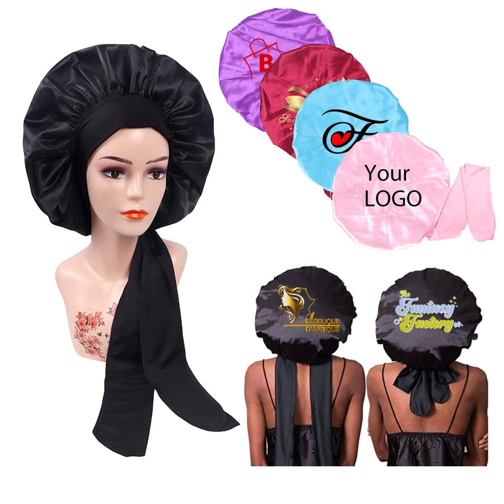 Customize Logo Satin Bonnet with Tie Band for Sleeping, 10 PCS Personalized Silk Head Scarf Hair Wrap Cap for Women Men (Dark Pink)