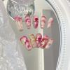 FRUJCDKI handmade real fake nail glue series pink marble press-on fake nails long coffin fake nails ballerina glue nails, rhinestone design shiny female stick-on nails (pink marble-XS) view 3