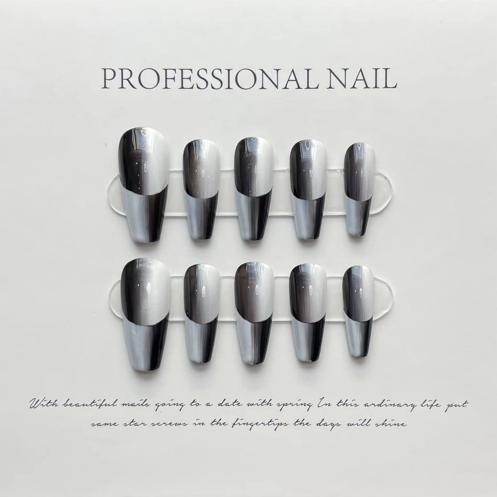 FRUJCDKI handmade real fake nail glue series French gradient press-on fake nails long coffin fake nails ballerina glue nails, rhinestone design shiny female sticker nails (French-S)