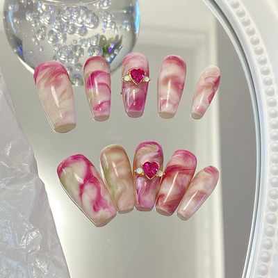 FRUJCDKI handmade real fake nail glue series pink marble press-on fake nails long coffin fake nails ballerina glue nails, rhinestone design shiny female stick-on nails (pink marble-M)