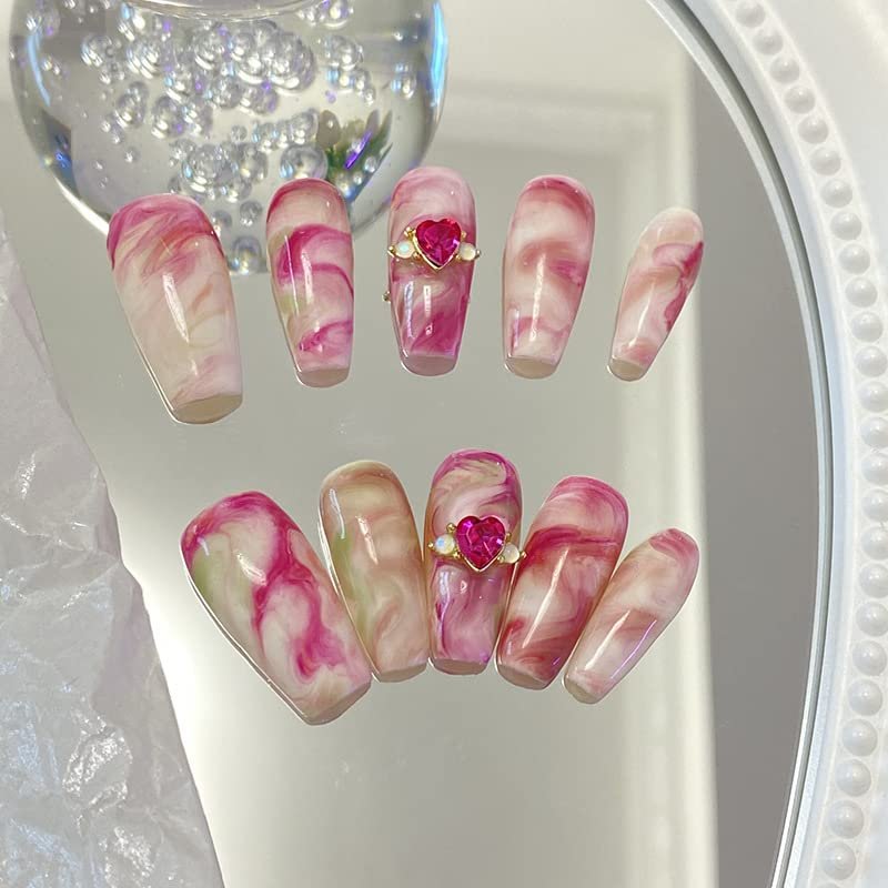 FRUJCDKI handmade real fake nail glue series pink marble press-on fake nails long coffin fake nails ballerina glue nails, rhinestone design shiny female stick-on nails (pink marble-M)