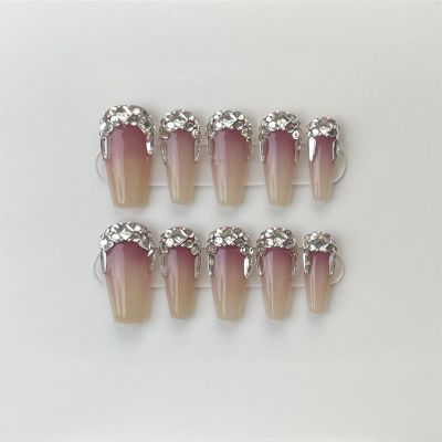 FRUJCDKI handmade real fake nail glue series Swarovski diamond press-on fake nails long coffin fake nails ballerina glue nails, rhinestone design shiny female stick-on nails (diamond-XS)