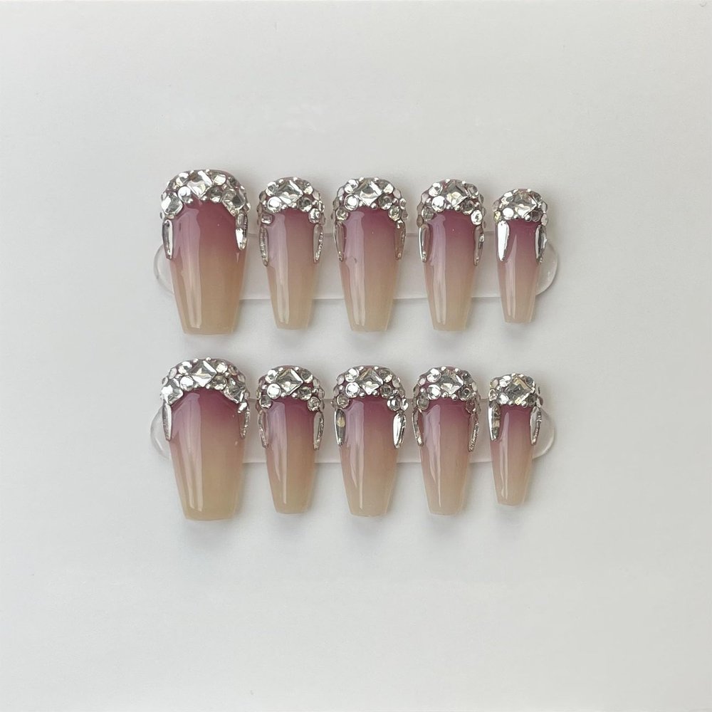 FRUJCDKI handmade real fake nail glue series Swarovski diamond press-on fake nails long coffin fake nails ballerina glue nails, rhinestone design shiny female stick-on nails (diamond-XS)