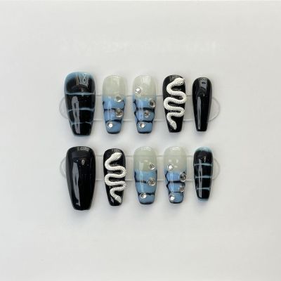 FRUJCDKI handmade real fake nail glue series crocodile print press-on fake nails long coffin fake nails ballerina glue nails, rhinestone design shiny female sticker nails (crocodile-XS)