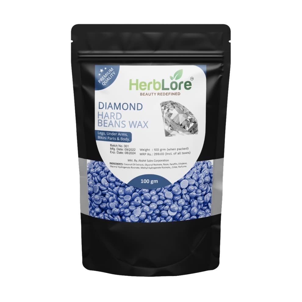 HerbLore Premium Hard Hair Body Wax Beans - Best for Painless Hair Removal, Waxing for Face, Eyebrow, Back, Chest, Bikini Areas, Legs Easily At Home - 100 Grams (Diamond)