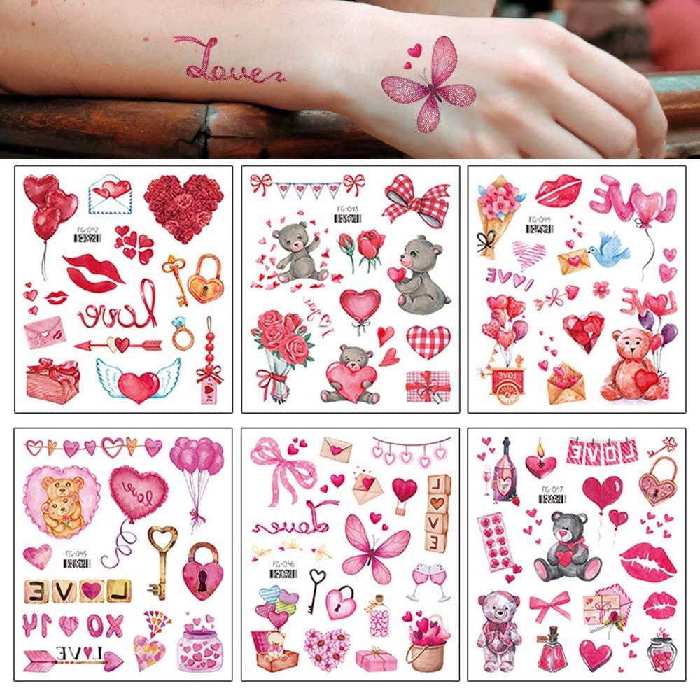 Valentine's Day Tattoos Mother's Day Tattoos for Women Men Boys Girls Body Art Decoration Flower Lips Heart Balloon Gifts Stickers Temporary Tattoo Sticker Couple's Favors Decoration Supplies