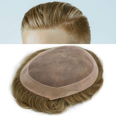 LYRICAL HAIR Toupee for Men Human Hairpiece Fine Mono Lace Hair System Durable PU Poly Skin Monofilament Wig Black Brown Replacement (6"x8", 1810# - 18# Medium Blonde+10% Gray)