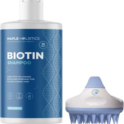 Biotin Shampoo with Scalp Scrubber Set - Hair Shampoo Brush and Silicone Scalp Exfoliator with Volumizing Shampoo Set made with Rosemary Essential Oil and Biotin for Thinning Hair 16 oz