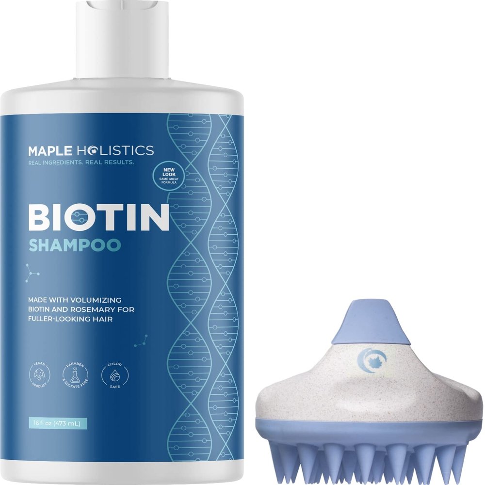 Biotin Shampoo with Scalp Scrubber Set - Hair Shampoo Brush and Silicone Scalp Exfoliator with Volumizing Shampoo Set made with Rosemary Essential Oil and Biotin for Thinning Hair 16 oz