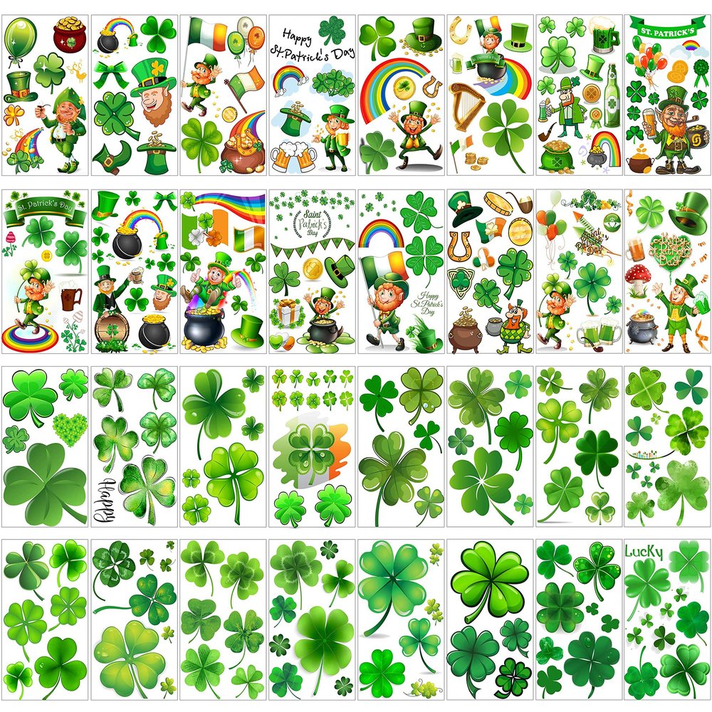 VANTATY 32 Sheets 248+ PCS St Patricks Day Tattoos For Kids Girls Boys Women Men Adults, Saint St. Patrick's Day Accessories Shamrock Temporary Tattoo Stickers, Lucky Clover Tattoo Irish Party Favor