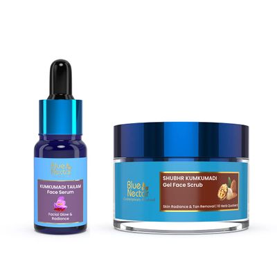 Blue Nectar's Kumkumadi Face Oil, enriched with natural herbs (0.33 fl oz), & Walnut Gel Face Scrub, delicately exfoliating for both Women & Men (1.76 oz)