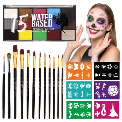 Face Painting Kit Non-Toxic Body Paint Washable 15 Colors Face Paint Makeup Palette for Adults with 12 Paint Brushes & Stencils for Halloween Party Cosplay Makeup