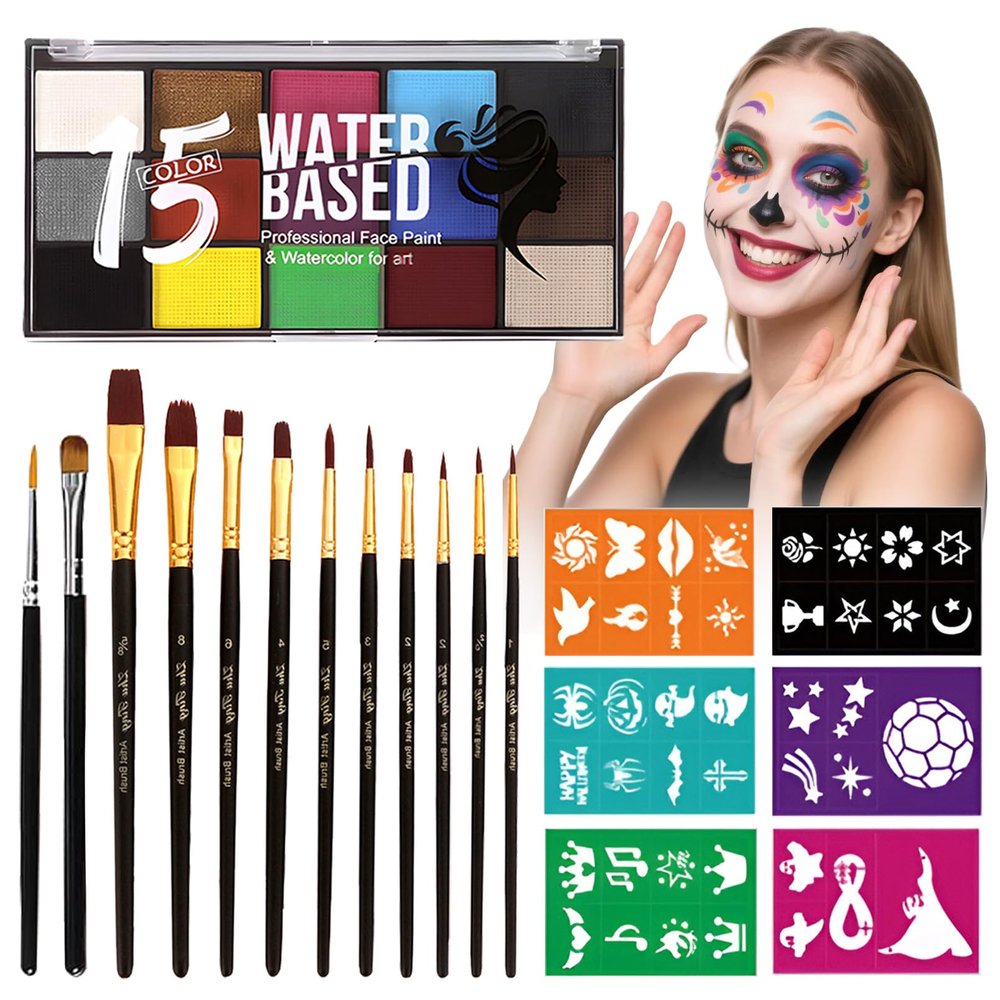 Face Painting Kit Non-Toxic Body Paint Washable 15 Colors Face Paint Makeup Palette for Adults with 12 Paint Brushes & Stencils for Halloween Party Cosplay Makeup
