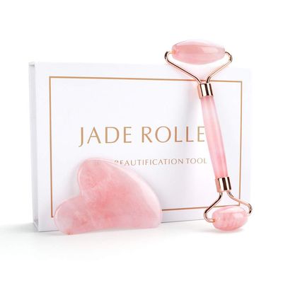 Face Roller Massager Jade Gua Sha Facial Tool Skin Care rutine and kit Box Anti-agind Stress Relief (Pink)