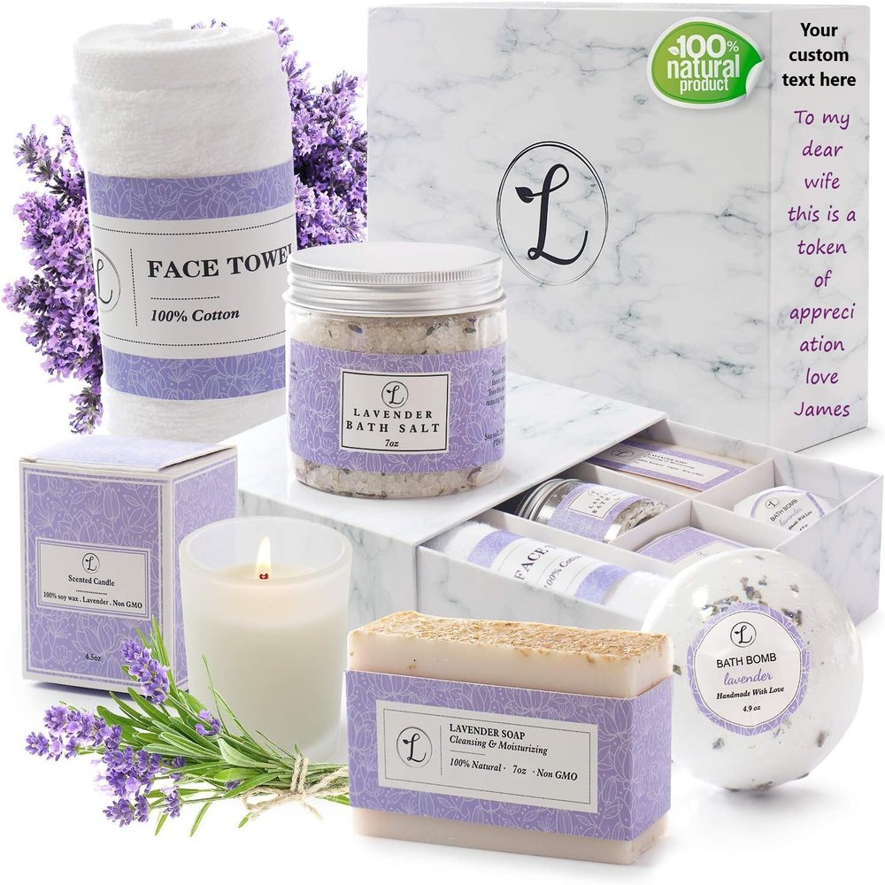 Spa Gift Set, Natural Lavender, Gift Box Includes Bath Bomb, Bath Salt, Hand Soap, Scented Candle, Face Cloth and Gift Box. Best Gift for Her (Personalize Your Name)
