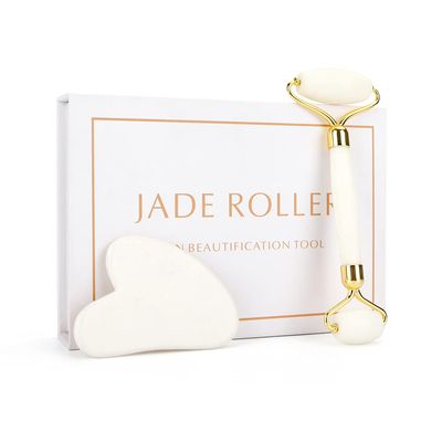 Face Roller Massager Jade Gua Sha Facial Tool Skin Care rutine and kit Box Anti-agind Stress Relief (White)