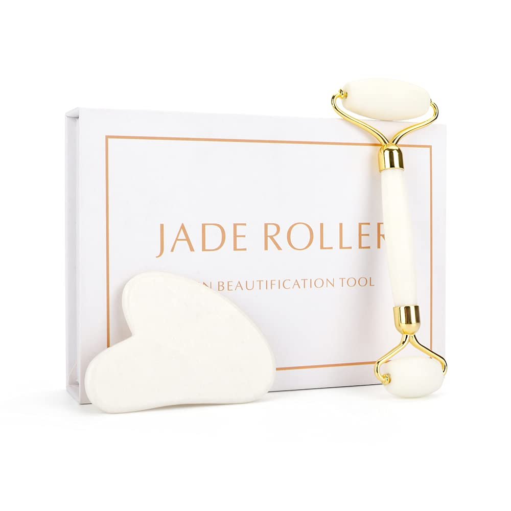 Face Roller Massager Jade Gua Sha Facial Tool Skin Care rutine and kit Box Anti-agind Stress Relief (White)